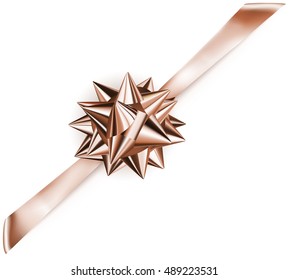 Beautiful bronze shiny bow with diagonally ribbon with shadow