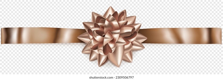 Beautiful bronze shiny bow with horizontal ribbon with shadow on transparent background