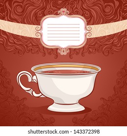 beautiful brown background with a cup of coffee and a frame with space for text 