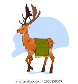Beautiful brown deer with big horns and green plaid 