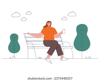 Beautiful brown hair woman sitting alone on a bench, waiting for a friend while holding a smartphone in a city park. Character design. Vector flat illustration