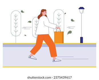 Beautiful brown haired woman walking in park while carrying shopping bag, city people lifestyle. Character design. Vector flat illustration