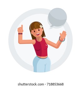 Beautiful brown haired young woman showing and pointing. Vector flat illustration.