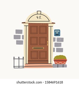 Beautiful brown retro vintage Front Door. Stone wall, flower pot. House Exterior. Home Entrance. Hand drawn colored vector illustration. Isolated on a white background