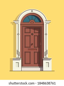 Beautiful brown retro vintage front door. House Exterior. Home entrance. Colored vector illustration.