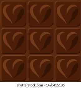 Beautiful brown seamless pattern with sweet chocolate squares with heart shapes