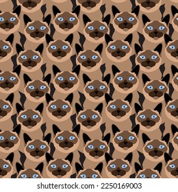 Beautiful brown Siamese cats with blue eyes. Animal seamless pattern, background, ornament, print. Vector illustration