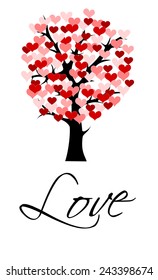 Beautiful brown tree with red, orange and pink color hearts instead of leaves. Love symbol, vector art image illustration, isolated on white background