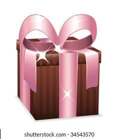 Beautiful brown wrapped gift with a large pink bow. Vector illustration.