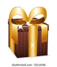 Beautiful brown wrapped gift with large golden bow. Vector illustration.