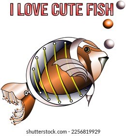 Beautiful brown and yellow surreal decorative fish. Surrealistic, original art vector illustration, joy and love and happiness, marine life animals, rivers, lakes, sea, fresh and salt water, ocean.