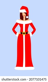 Beautiful brown-haired Mrs. Claus in red with a white dress and hat on a blue background. Christmas character. Flat vector illustration