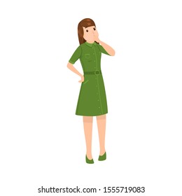 Beautiful brown-haired woman in a green dress thinking of something or making a decision. Vector illustration in flat cartoon style.