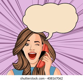 Beautiful brunet retro surprised woman talking on telephone. Vintage art.
