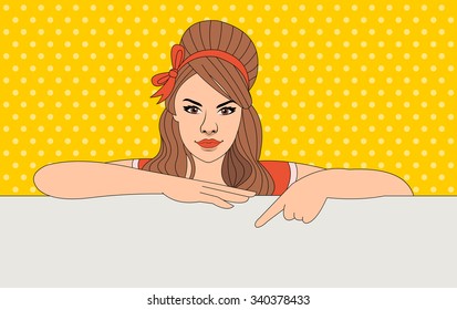 Beautiful brunet retro woman pointing to empty board