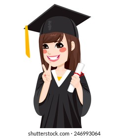 Beautiful brunette asian girl on graduation day holding diploma and making victory sign hand gesture