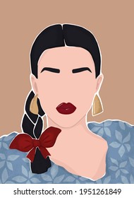 beautiful brunette in a blue dress with a bow and red lipstick. bright flat vector illustration. for postcards, posters, design

