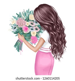 Beautiful brunette with a bouquet of flowers. Back view portrait of Cute girl with curly and dark hair. Fashion illustration. Young woman sniffs flowers. Stylish lady. Wavy hairstyle.