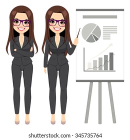 Beautiful brunette businesswoman wearing dark suit pointing flip chart with different graphics