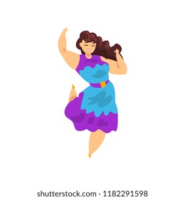 Beautiful brunette curvy, overweight girl wearing bright dress, plus size fashion, body positive vector Illustration on a white background