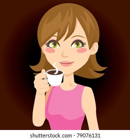 Beautiful brunette drinking a cup of hot black coffee
