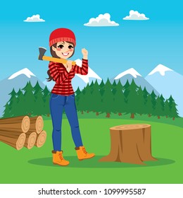 Beautiful brunette female lumberjack cutting tree with axe on forest background