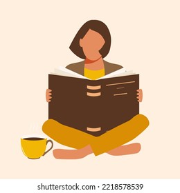 A beautiful brunette female student sits with an open book and reads barefoot in the library with a cup of tea. The concept of online education and useful cozy reading. Vector.