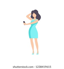 Beautiful brunette girl in blue dress with smartphone, young woman at party or nightclub vector Illustration on a white background