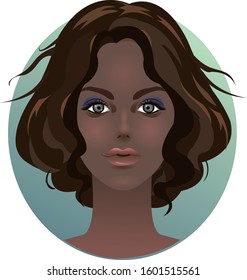 Beautiful brunette girl with blue eyeshadow with sweet lips, front closeup character vector illustration