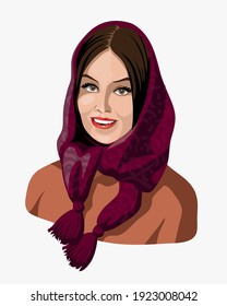 Beautiful brunette girl in a burgundy scarf. A very nice girl looking forward and smiling. Burgundy Shawl. Emotion woman face. Portrait.Isolated vector illustration
