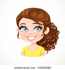Beautiful brunette girl with dark chocolate color curled into tight ringlets hair gathered in a ponytail at the nape portrait isolated on white background