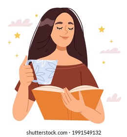 Una bella morena sueña mientras lee un libro. Imagen romántica. Niña con una taza de café o té en el reflejo. Estrellas y nubes alrededor. Simple ilustración de mano.