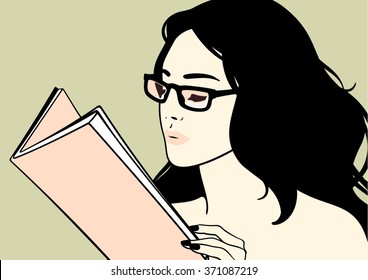 Beautiful brunette girl in glasses reading a book