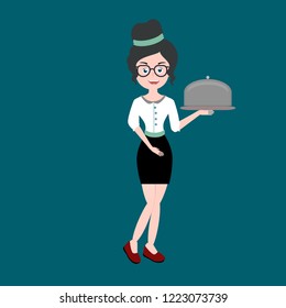 beautiful brunette girl in glasses working as a waiter with skirt and shirt with a bocklamm dish in her hands on a blue background