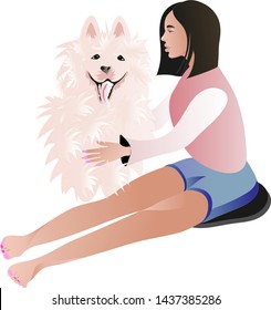 Beautiful brunette girl with her favorite Samoyed dog.