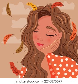 Beautiful brunette girl leaning on her hand with closed eyes, daydreaming, with autumn leaves falling and clouds. Colorful illustration. Vector. 