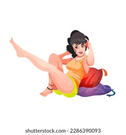 Beautiful brunette girl lies on pillows, raises her legs and does yoga. Cute girl in a T-shirt and shorts. Isolated vector illustration in cartoon style