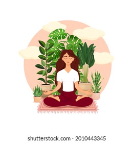 Beautiful brunette girl in a lotus pose surrounded by plants. Vector illustration of a meditating woman at home. Harmony and balance. Crossed legs. Girl in the interior.