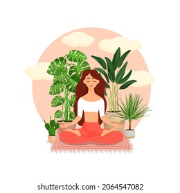 Beautiful brunette girl in a lotus pose surrounded by plants. Vector illustration of a meditating woman at home. Harmony and balance. Crossed legs. Girl in the interior.