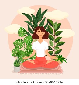 Beautiful brunette girl in a lotus pose surrounded by plants. Vector illustration of a meditating woman at home. Harmony and balance. Crossed legs. Girl in the interior.