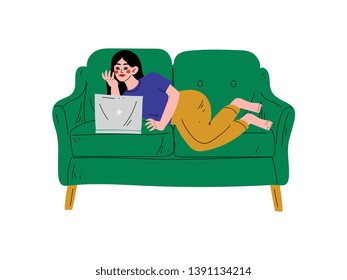 Beautiful Brunette Girl Lying On Sofa with Laptop, Young Woman Working or Relaxing at Home Using Computer Vector Illustration