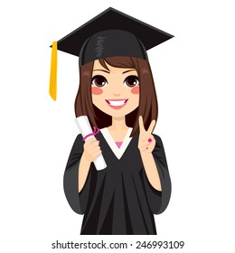 Beautiful brunette girl on graduation day holding diploma and making victory sign hand gesture