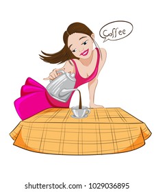 Beautiful brunette girl pouring coffee in a cup Vector. Cartoon character illustrations