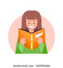 Beautiful brunette girl reading a book. Educational concept. Vector illustration.