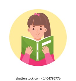 Beautiful brunette girl reading a book. Educational concept. Vector illustration.