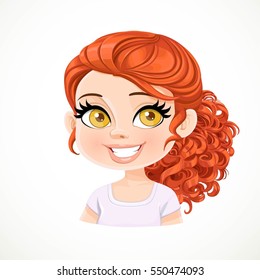 Beautiful brunette  girl with red   curled into tight ringlets hair gathered in a ponytail at the nape portrait isolated on white background