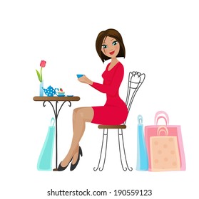 Beautiful brunette girl in red dress drinking coffee or tea with a cupcake in cafe, resting after shopping with bags. 