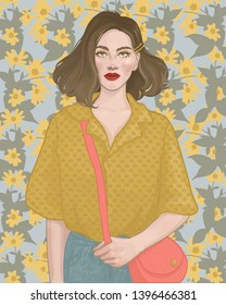 
beautiful brunette girl with red lipstick on the background of summer bright yellow flowers of Jerusalem artichoke 