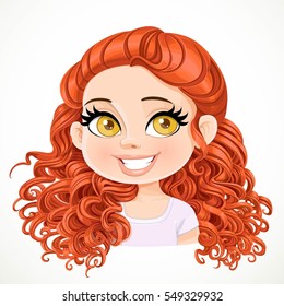Beautiful brunette  girl with red magnificent curly hair gathered at the nape portrait isolated on white background