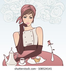 Beautiful brunette girl in the street cafe in the old city drinking coffee. Vector illustration.